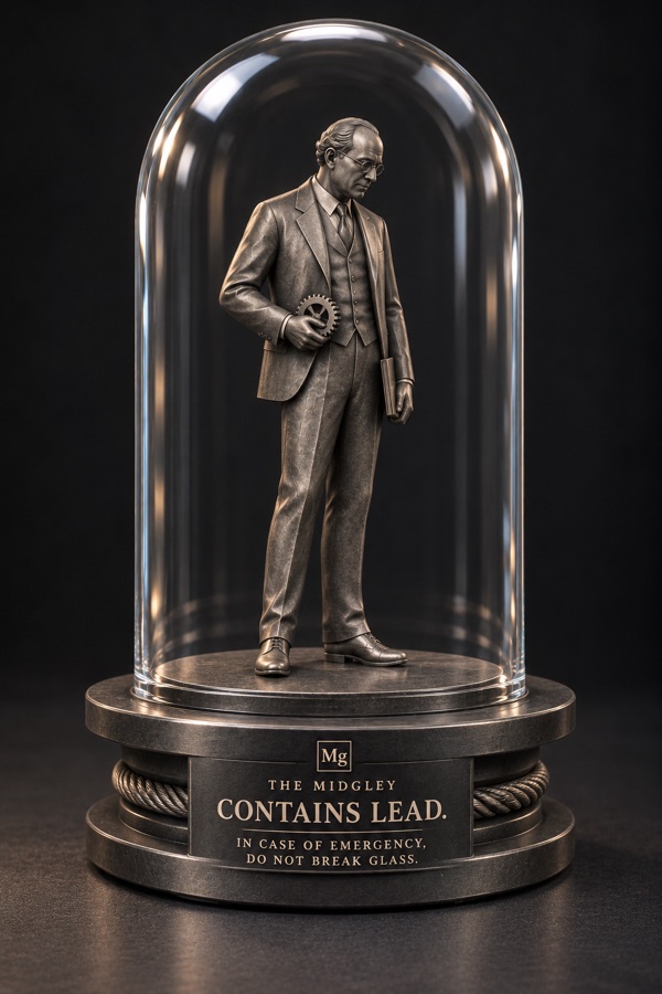 A bronze figure of Thomas Midgley Jr. under a glass dome. The plaque reads: The Midgley. Contains lead. In case of emergency, do not break glass.