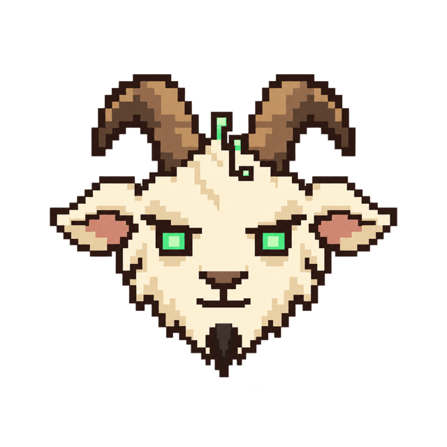 Goat, drawn in pixel art: a cream goat face with brown horns and green eyes