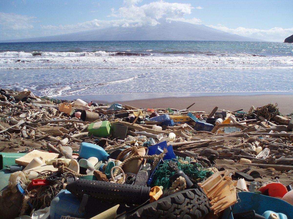 Plastic bottles, crates, rope, a tire and other debris heaped along a beach, with surf and a mountain behind