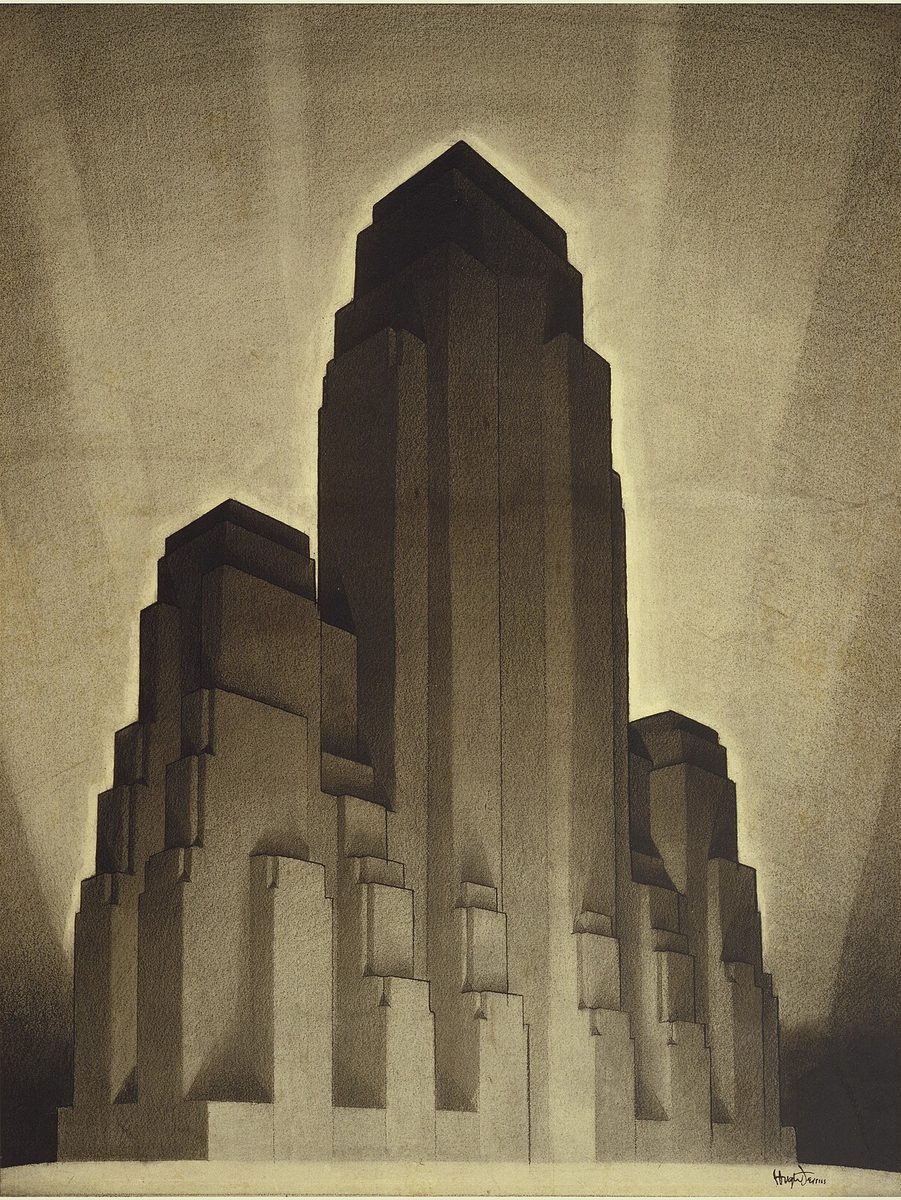 Charcoal drawing of a stepped skyscraper mass, its towers narrowing in setbacks as they rise