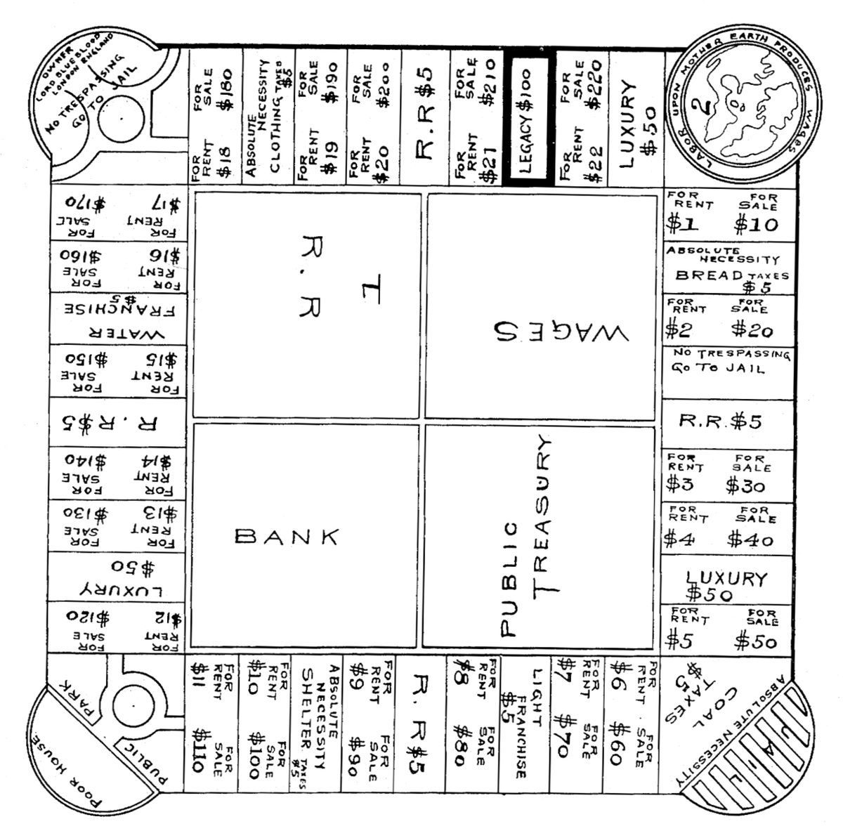 Patent drawing of a square game board with spaces marked For Sale and For Rent, railroads, a Bank, a Public Treasury and a Go to Jail corner