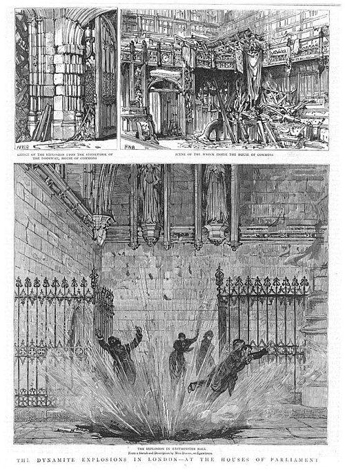 Engraving of a bomb going off in Westminster Hall, throwing back the people nearby, under two smaller scenes of shattered stonework and the wrecked House of Commons
