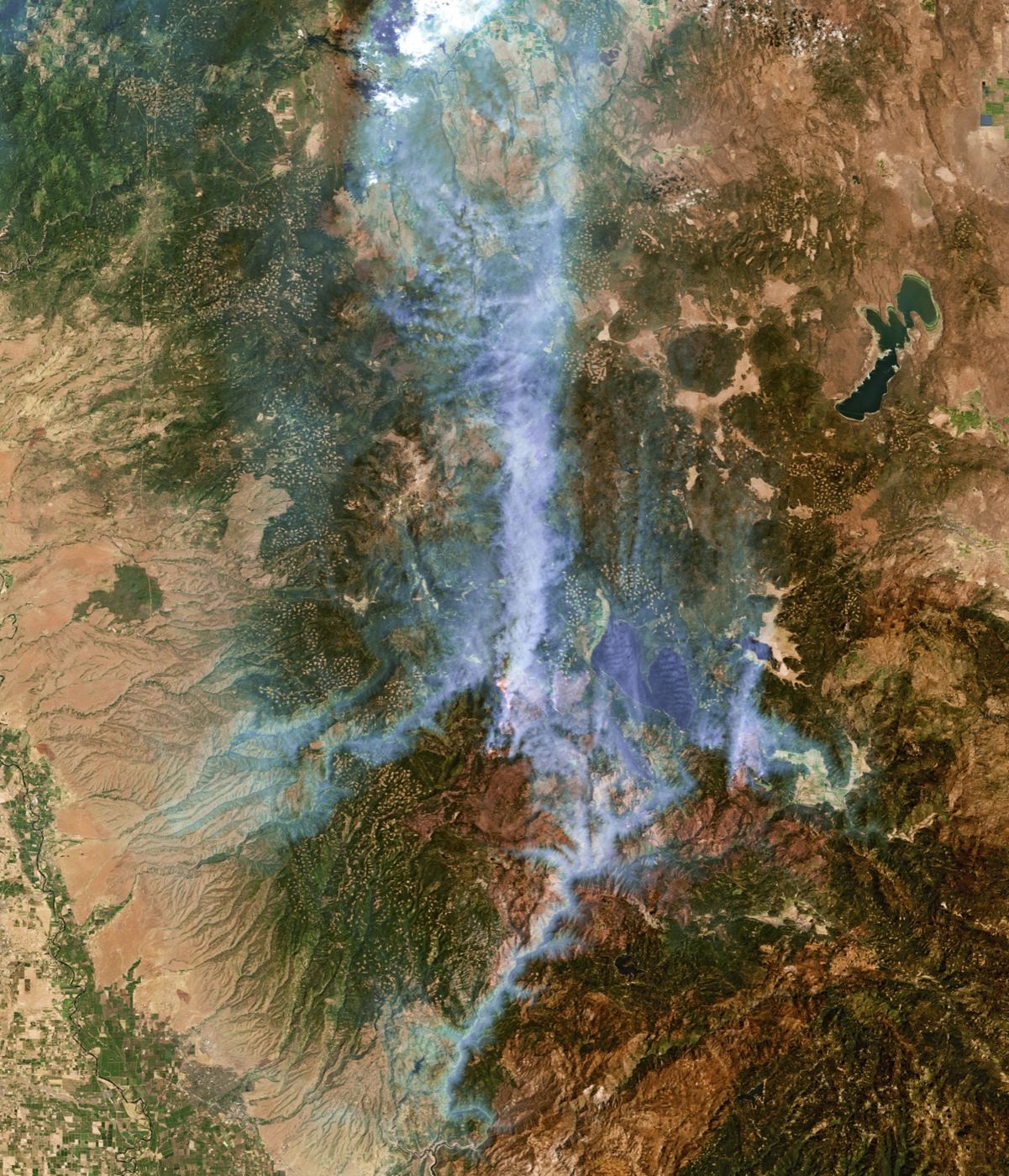 Satellite view of a huge wildfire in forested mountains, with long plumes of smoke streaming north over green and brown land
