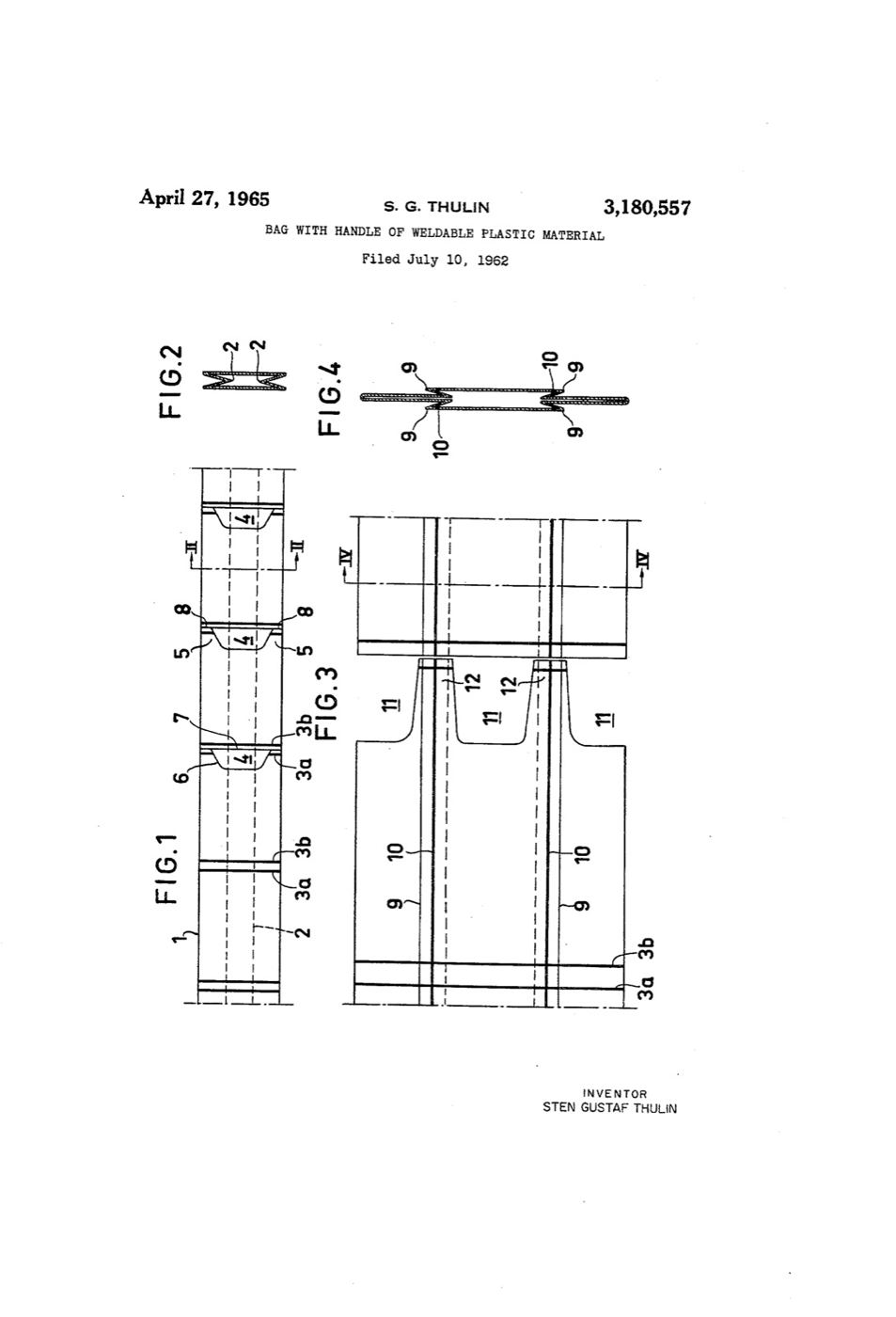Patent drawing of a flat plastic tube with welded seams and punched-out handle shapes, and a finished bag with two handles, signed Inventor Sten Gustaf Thulin