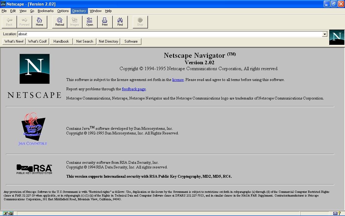 Gray About page of Netscape Navigator 2.02, the first browser to run JavaScript, with the Netscape N logo