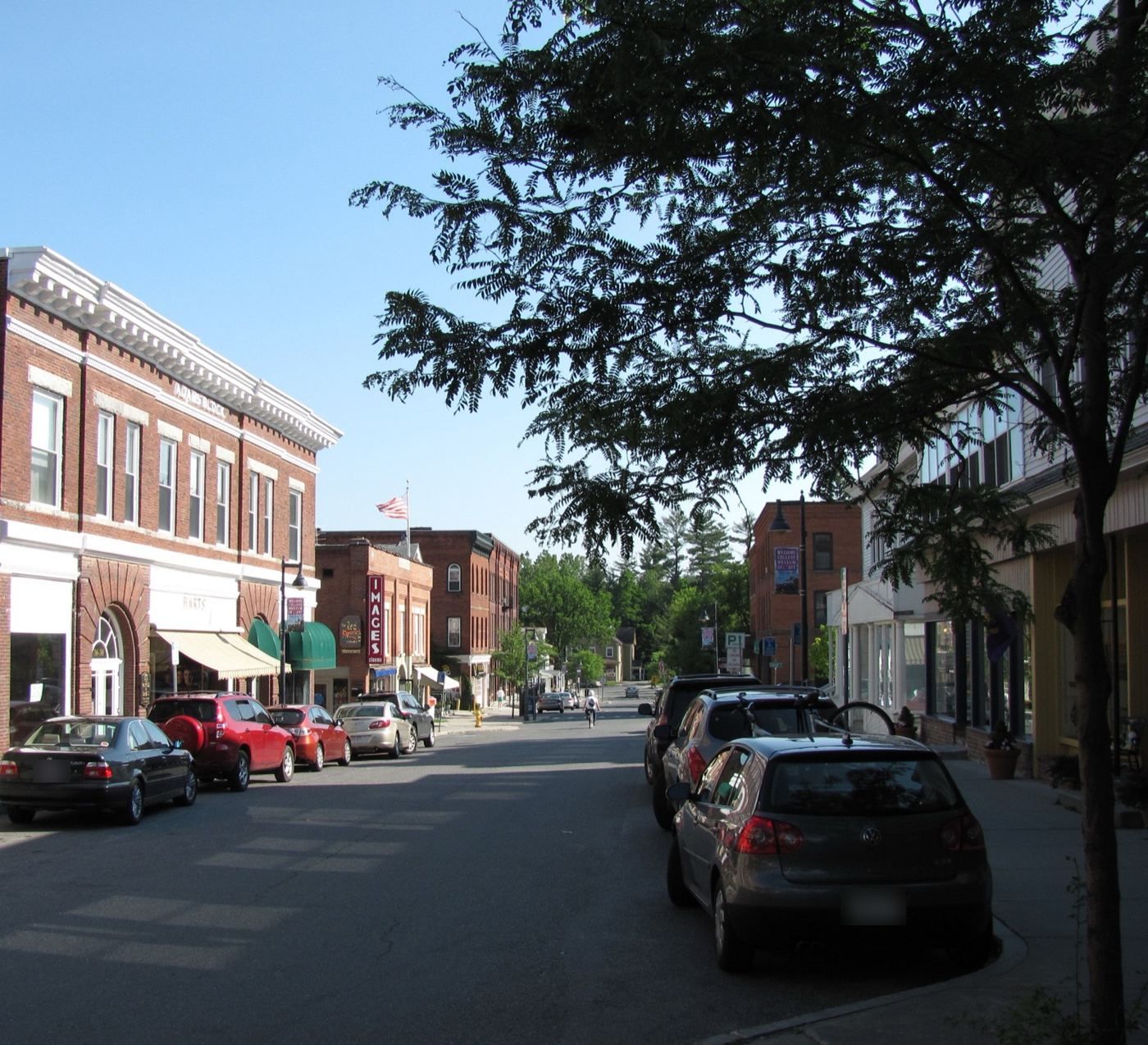 Spring Street in Williamstown, Massachusetts: brick storefronts, parked cars and a leafy tree on a sunny day