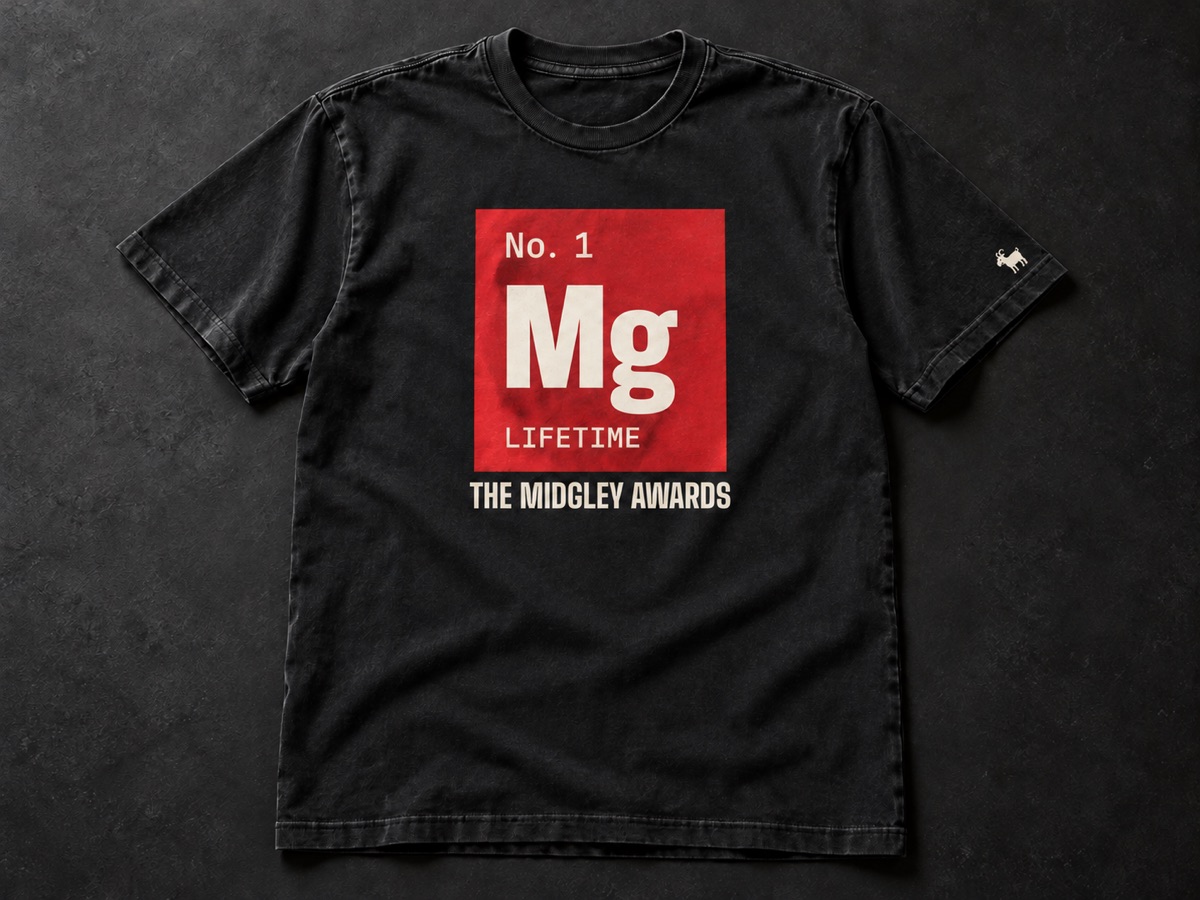 Black tee with a red periodic-table tile reading No. 1, Mg, Lifetime, above the words The Backfire Awards